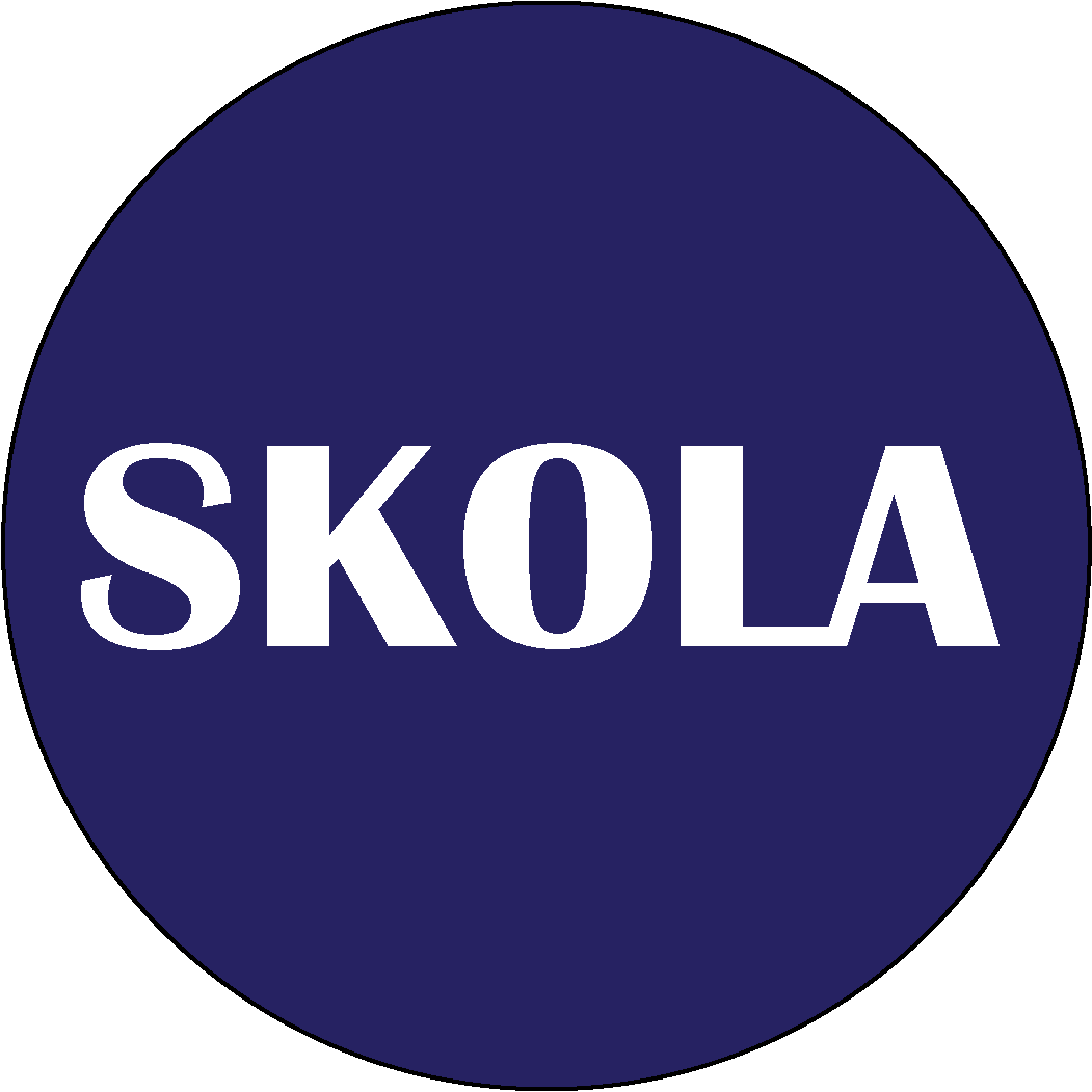 Skolas logo, kurā redzams vārds skola uz tumši zila apļa